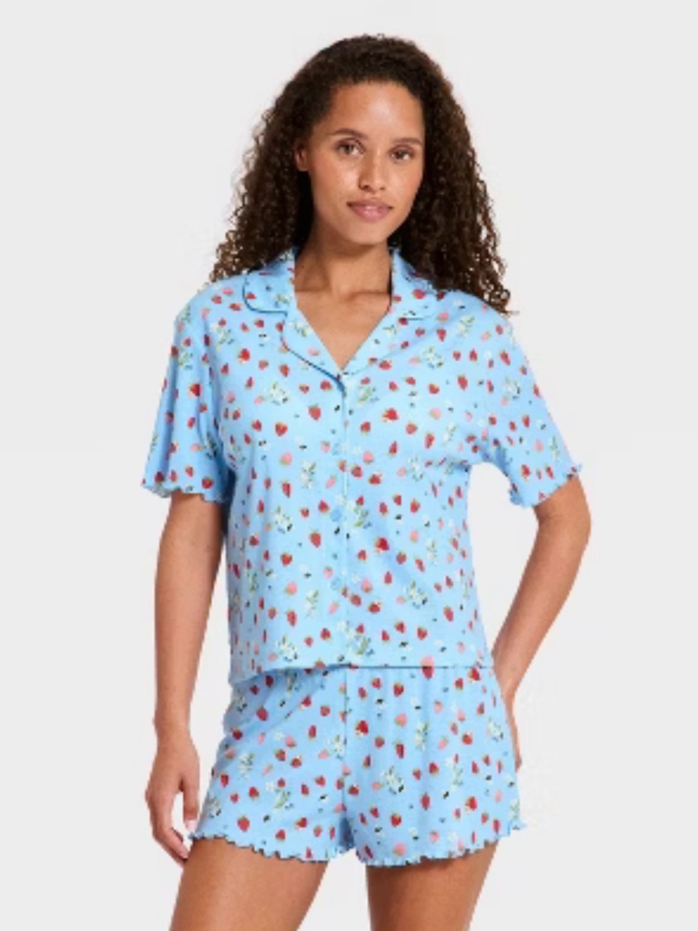 Light Blue Strawberry Print 3 piece Short & Pant Pajama Loungewear Set Large - Picture 5 of 5